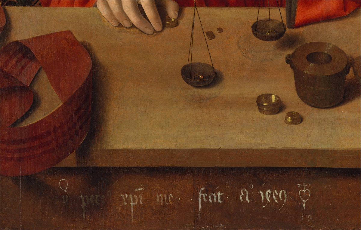Detail of a goldsmith's counter with scales, weights and the painter's inscription, Petrus Christus, 1449