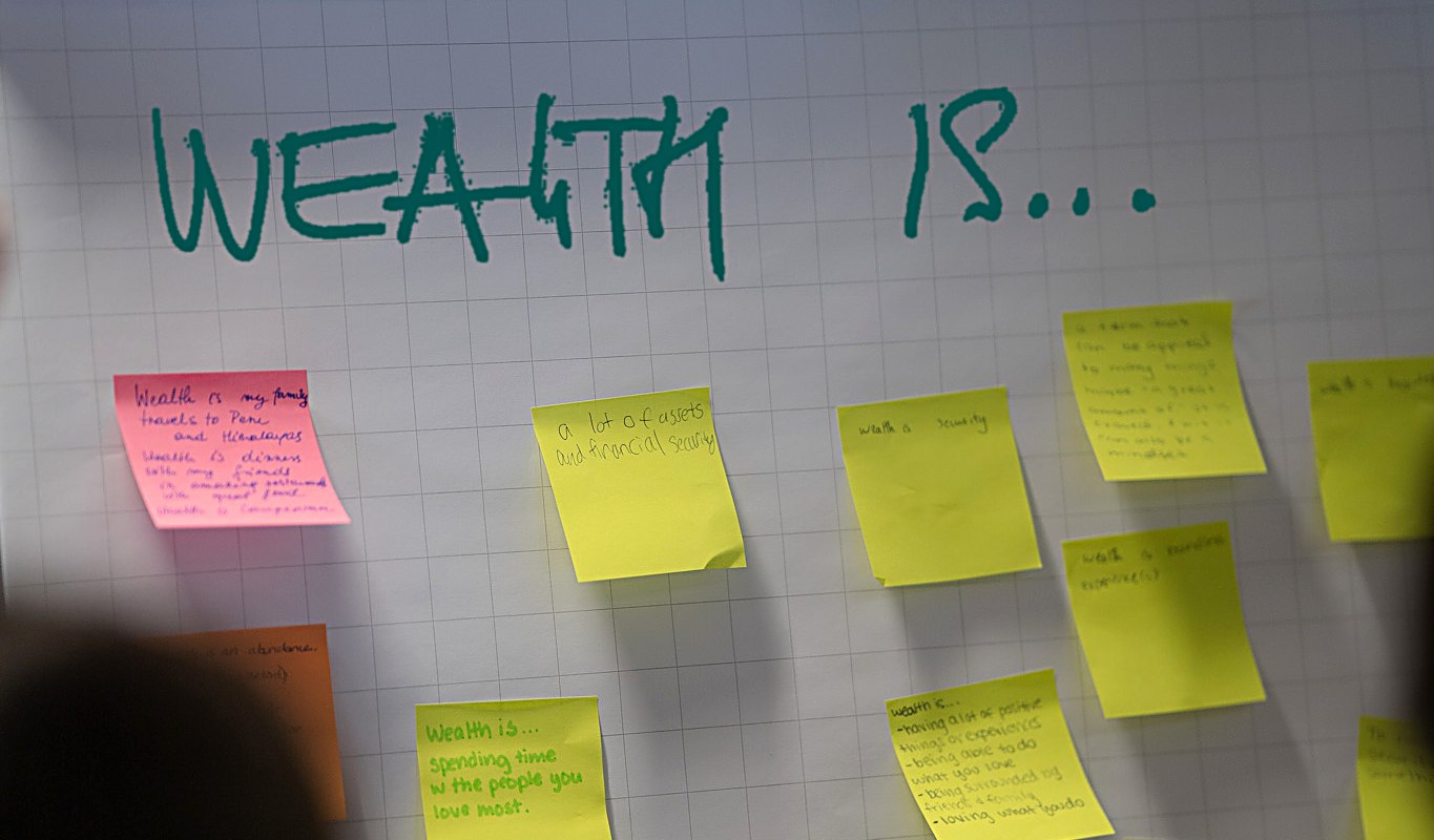 A workshop board headed “Wealth is…”, covered in handwritten notes