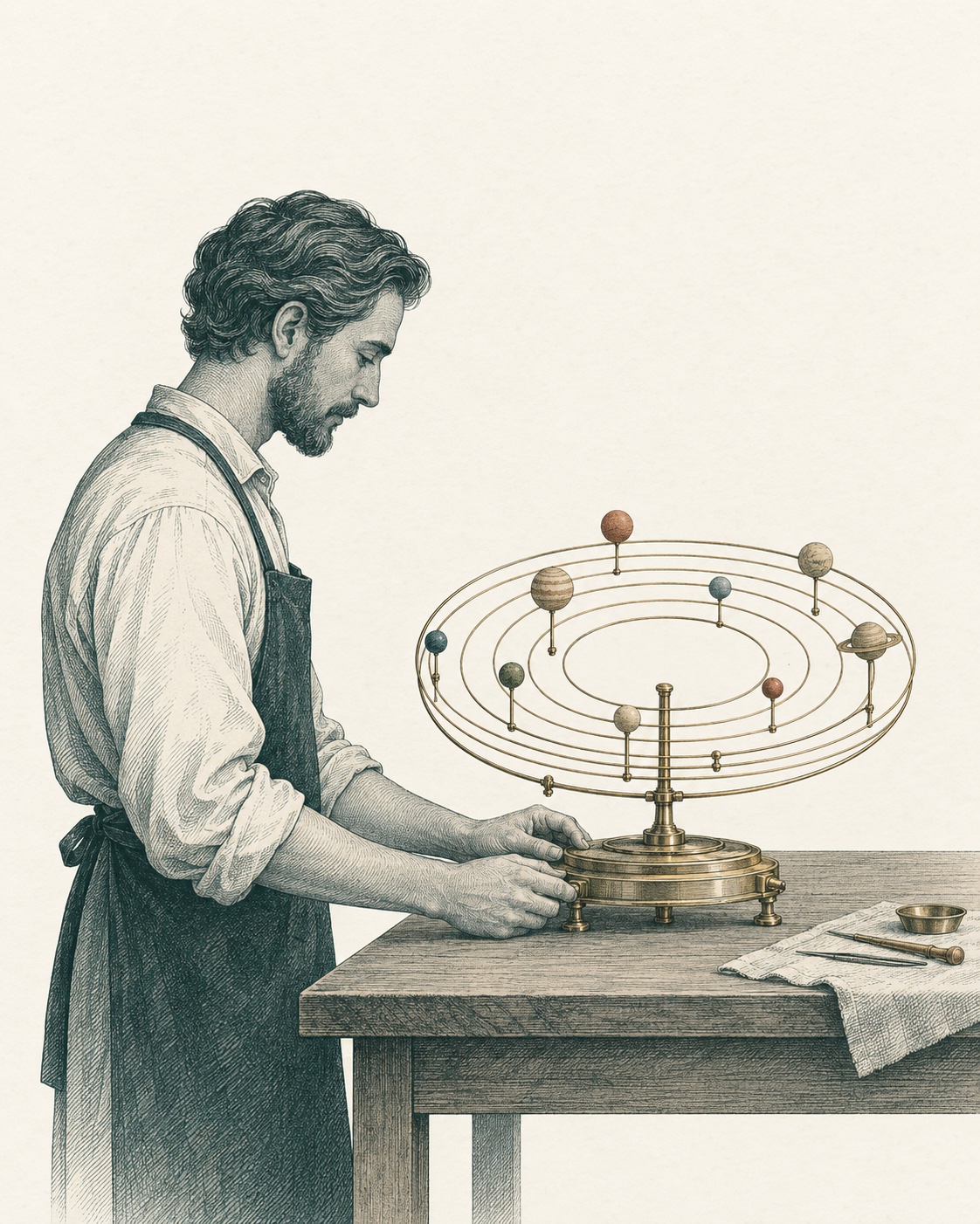 An engraved illustration of a steward carefully tending a brass orrery at a workbench